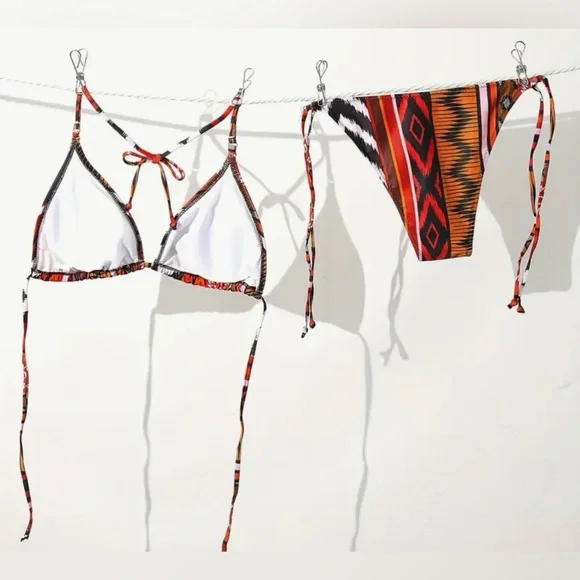 Boho Ethnic Print Triangle Halter Side Tie Bikini Set - Picture 10 of 12